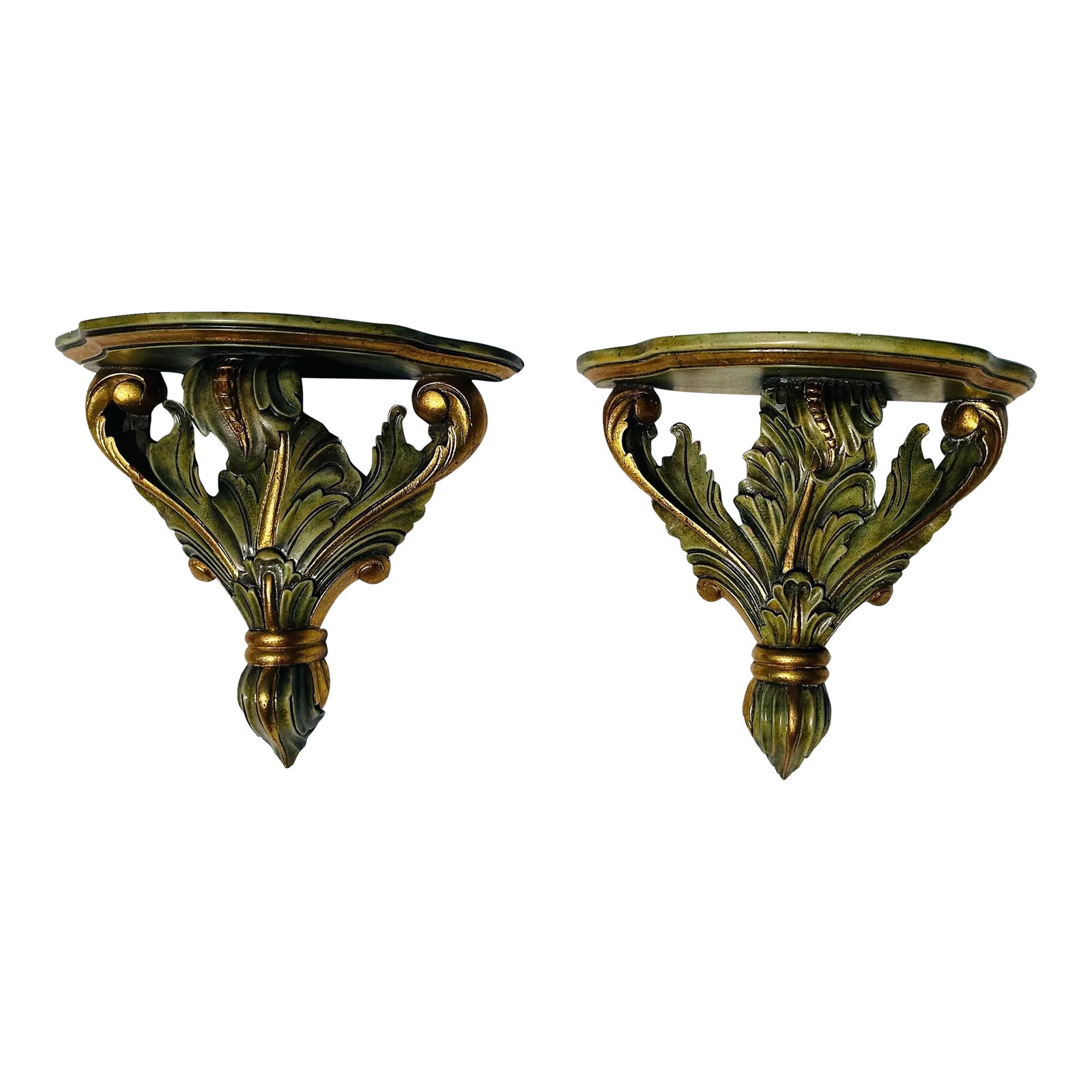 Vintage Maitland Smith Green & Gold Wall Shelf Sconces | Chairish