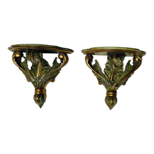 Vintage Maitland Smith Green & Gold Wall Shelf Sconces