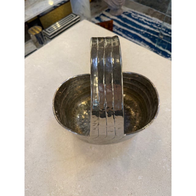Italian Italian Hammered Silver-Plated Basket With Sculptural Handle, 1970s For Sale - Image 3 of 7
