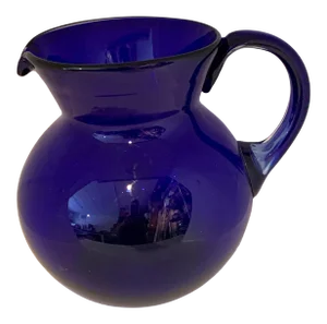 Large 1980s Hand Blown Cobalt Pitcher