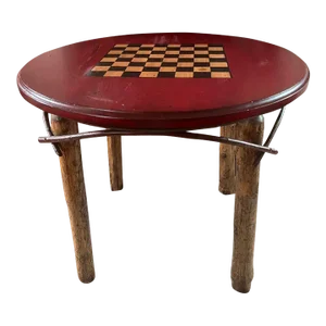 Red Round Accent/Game Table Painted Red W/Checker Board Top