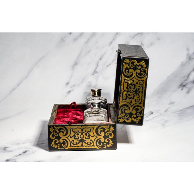 Stately Victorian Antique Ebonized Wood & Brass Boulle Inlaid Lady’s Dressing Box With Sterling Silver Crystal Bottles Home Decor For Sale In New York - Image 6 of 18