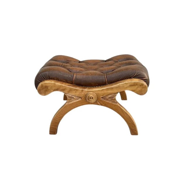 Chesterfield Ottoman in Carved Wood and Leather, 1960s For Sale - Image 16 of 16