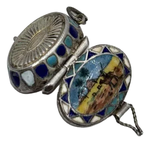 Egyptian Revival Sterling Silver Painted Enamel Locket W/ Gilded Gold Nude Mummy