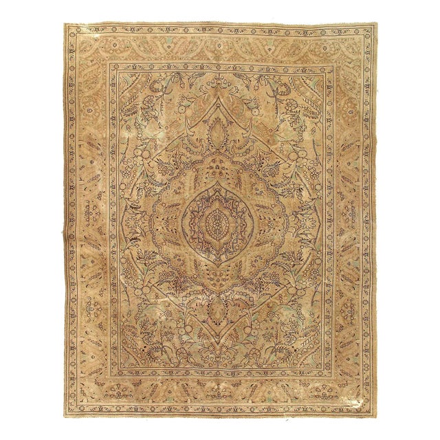 1940s Vintage Ivory Fine Hand Knotted Persian Tabriz Rug 8'1'' X 10'9'' For Sale - Image 4 of 5