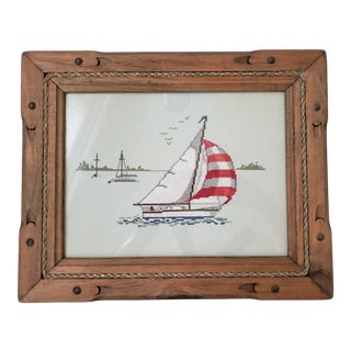 1980s Framed Sailboat Cross Stitch Textile Art For Sale