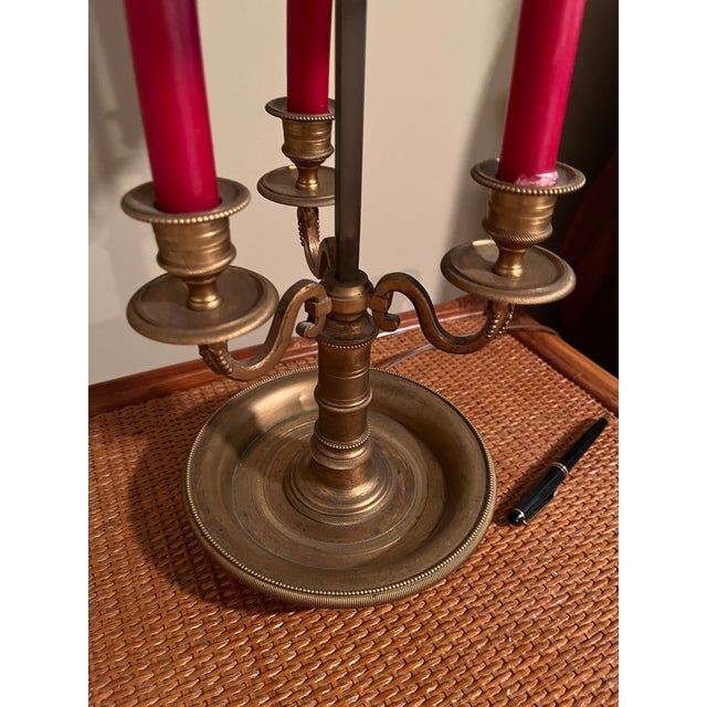 Maison Millet a Paris Bronze Bouillotte Late 19th Century With Three Candelabra Lamps Forest Green Shades - A Pair For Sale - Image 6 of 11