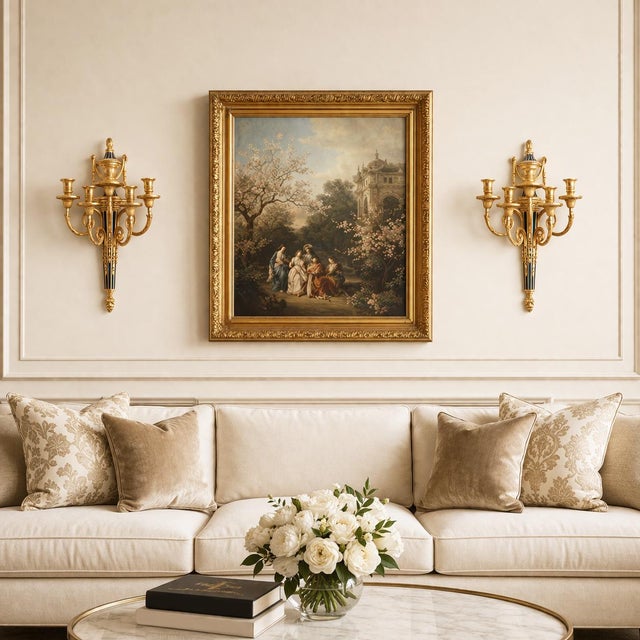 PAIR OF LOUIS XVI STYLE ORMOLU & POLYCHROMED FIVE-LIGHT WALL SCONCES Circa first half of the 20th century 20 3/8" H x 7" D...