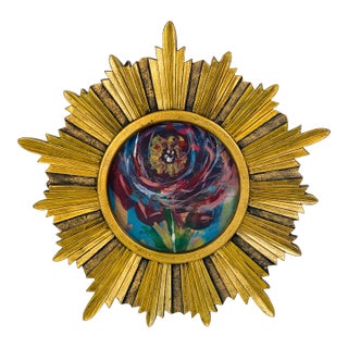 1970s Small Sunburst Framed Dark Abstract Floral Painting For Sale