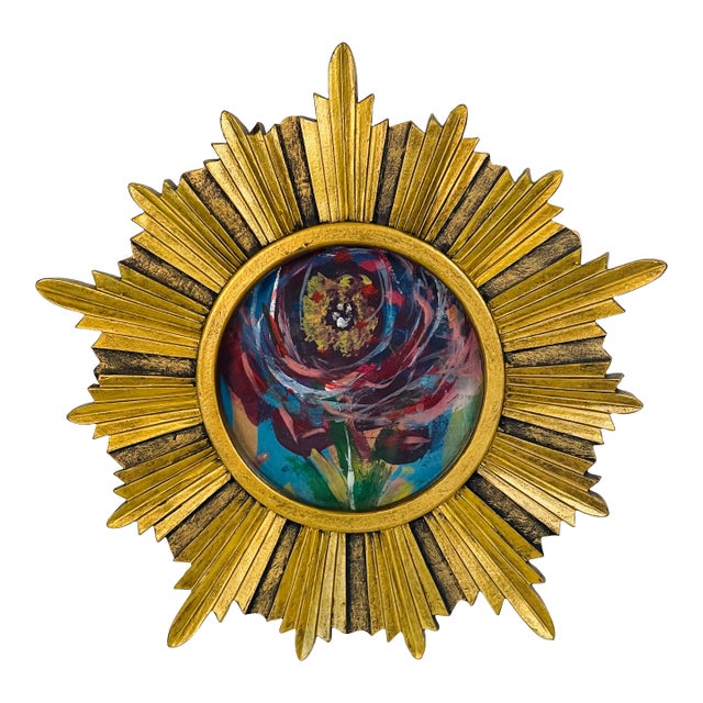 1970s Small Sunburst Framed Dark Abstract Floral Painting For Sale