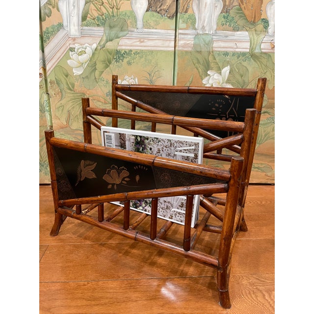 Victorian Vintage English Victorian Rattan Chinoiserie Bamboo Magazine Holder For Sale - Image 3 of 10