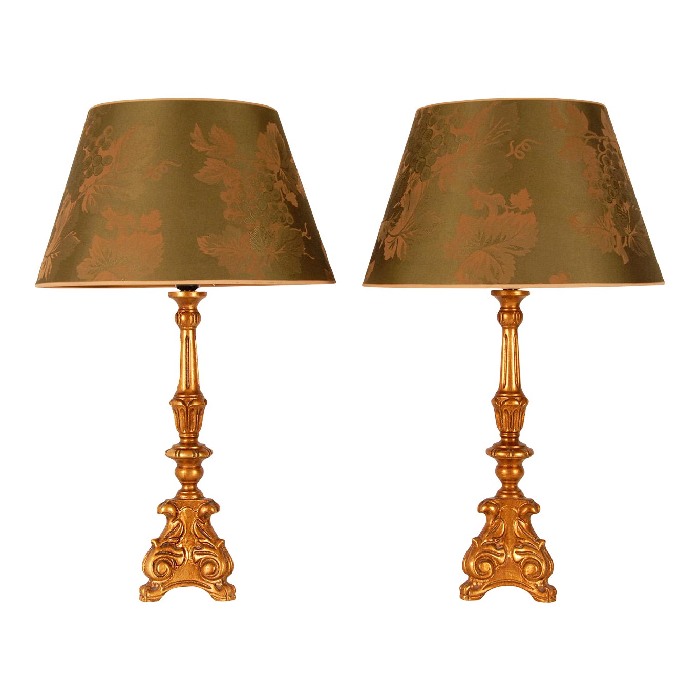 Vintage French Country Style Lamps Green Silk Shades Italian Baroque