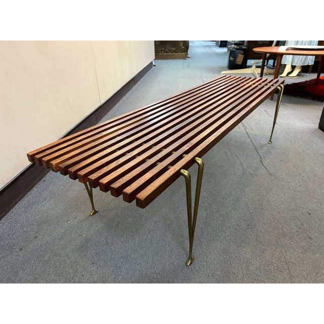 1960s Mid Century Brass + Walnut Slat Bench by Hugh Acton For Sale In Chicago - Image 6 of 11