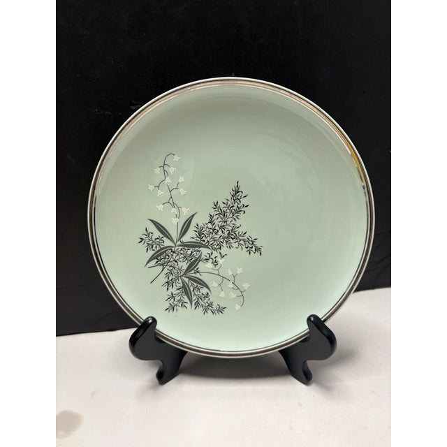 Mid 20th Century Mid 20th Century Celadon Green Lady Empire “Permacal” Dinner Plates – Set of 4 Botanical Silver Rim For Sale - Image 5 of 6