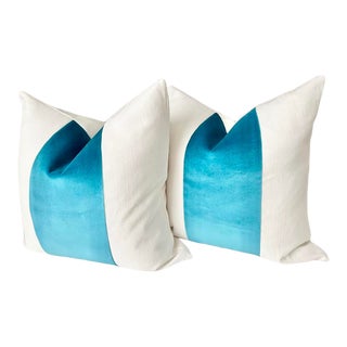 Custom White Linen & Turquoise Velvet Stripe Pillows - a Pair For Sale
