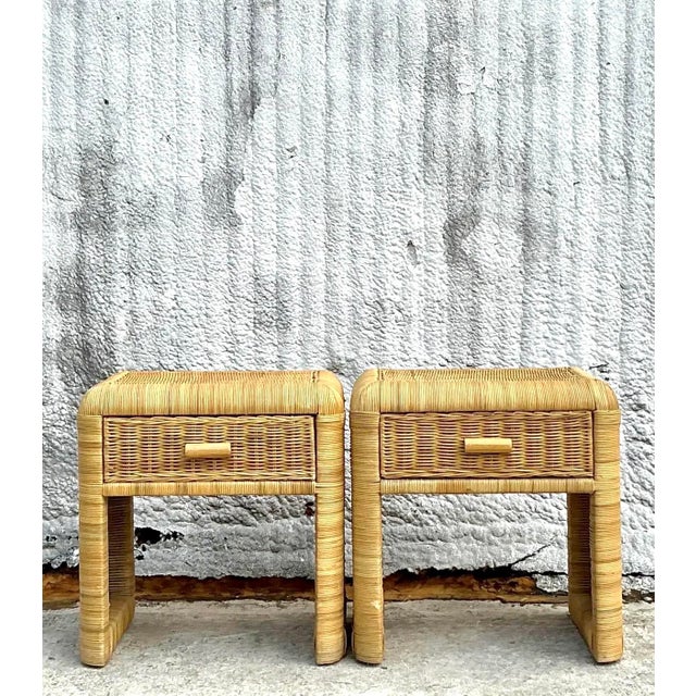Vintage Coastal Woven Rattan Nightstands - a Pair For Sale - Image 9 of 16