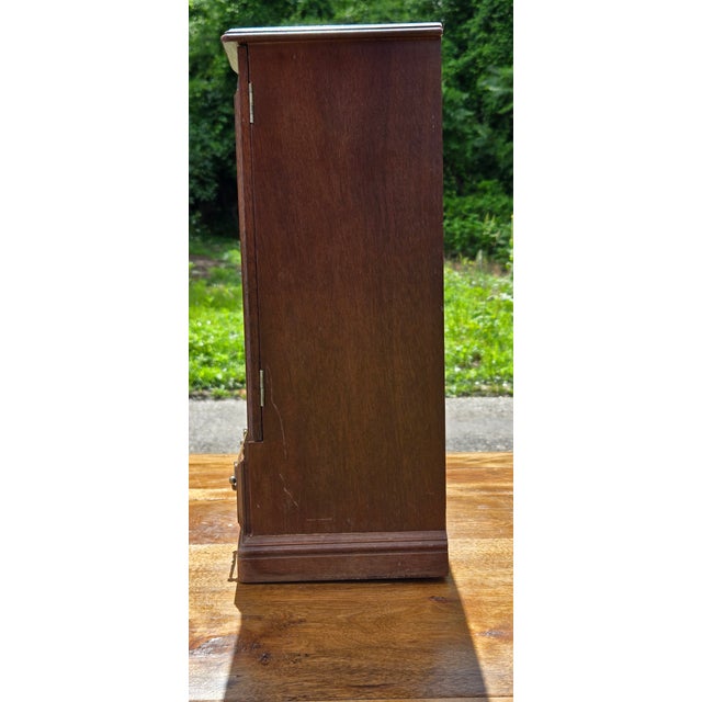 Vintage Wooden Jewelry Armoire With Etched Glass Doors & Red Velvet Lined Interior For Sale - Image 10 of 16
