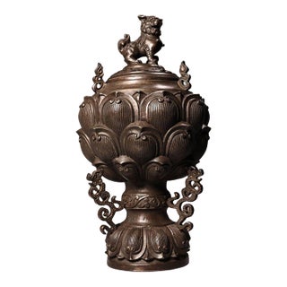 Bronze Lotus Incense Burner – High Relief Censer With Lion Finial For Sale