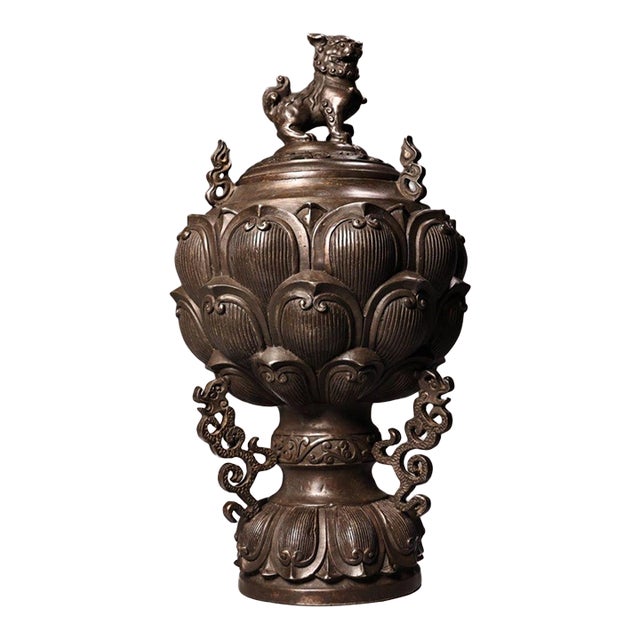 Bronze Lotus Incense Burner – High Relief Censer With Lion Finial For Sale