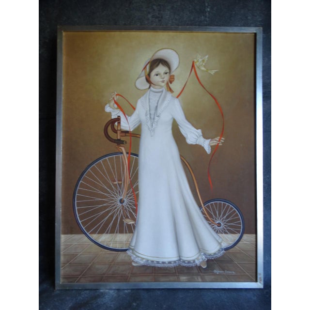 Mexican Alejandro Camarena Painting, Girl With a Penny Farthing Bicycle, a Dove and a Long Red Ribbon For Sale - Image 3 of 8