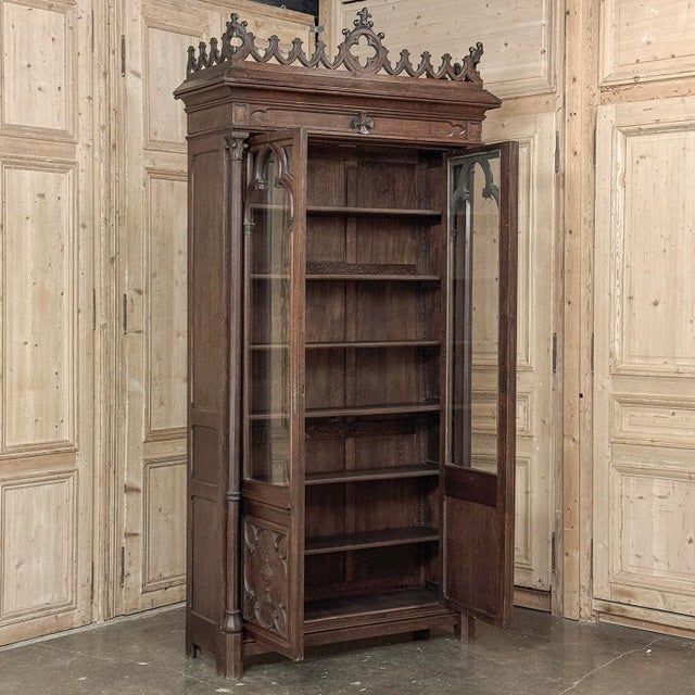 19th Century French Gothic Revival Carved Oak Library Bookcase For Sale - Image 16 of 18