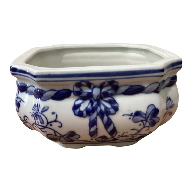 Vintage Octagon Chinese Hand -Painted Blue & White Porcelain Bonsai Cachepot/ Planter For Sale