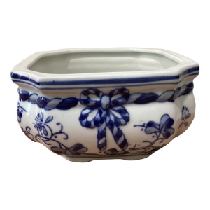 Vintage Octagon Chinese Hand -Painted Blue & White Porcelain Bonsai Cachepot/ Planter