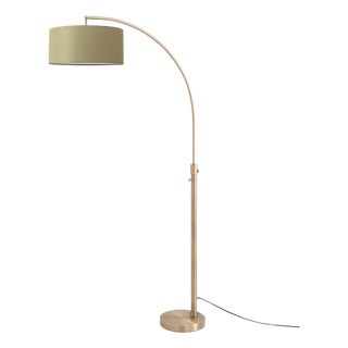 Float Chairside Arc Lamp 75" H - Weathered Brass, Avocado Linen Drum Shade, Dimmable, Bulb Included For Sale