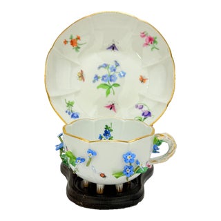 Antique Meissen Porcelain Floral Encrusted Tea Cup & Saucer For Sale