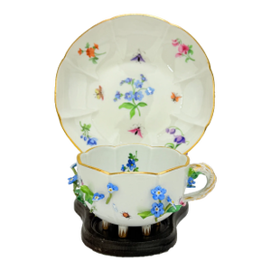 Antique Meissen Porcelain Floral Encrusted Tea Cup & Saucer
