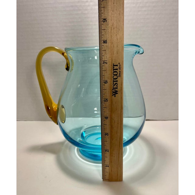 Glass Vintage Mid-Century Modern Scandinavian Blue & Amber Hand Blown Glass Pitcher 8" For Sale - Image 7 of 8