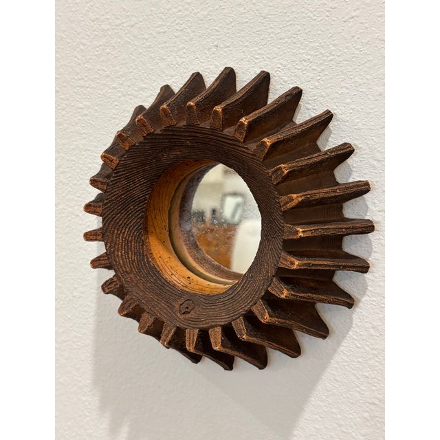Antique Petite Scale Wooden Cog Mirror / Rustic Petite Scale Sunburst Mirror - Early 20th Century (Attributed) For Sale - Image 9 of 16