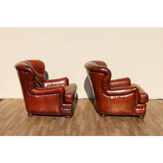 Pair of 1990s Henredon Churchill Tufted Distressed Brown Leather Club Chairs For Sale - Image 11 of 18