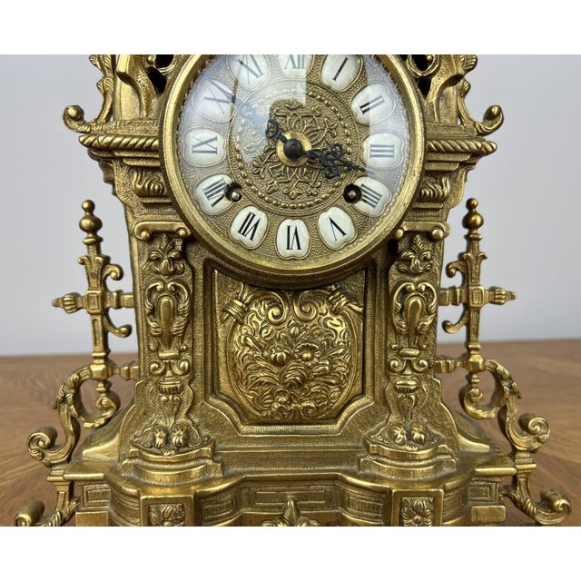 Metal Vintage Style Brass Ornate Mantel Clock For Sale - Image 7 of 17