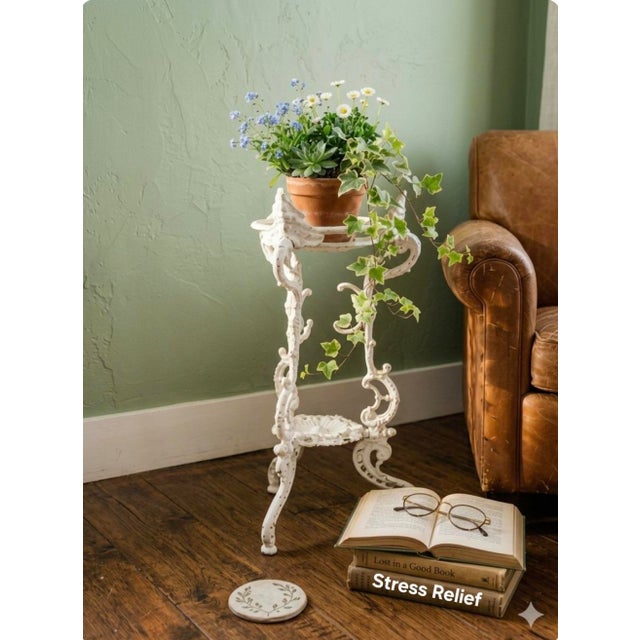 Victorian Vintage Ornate White Cast Iron Cherub Plant Stand, Victorian Revival Garden Pedestal For Sale - Image 3 of 14