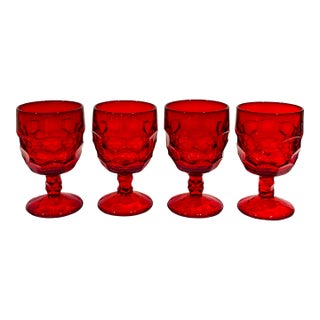 Vintage Viking Georgian Honeycomb Thumbprint Goblets Ruby Red - Set of 4 For Sale