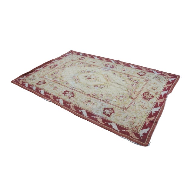 French Provincial Vintage Floral Rose Needlepoint Textile Tapestry Area Rug 66" For Sale - Image 3 of 17