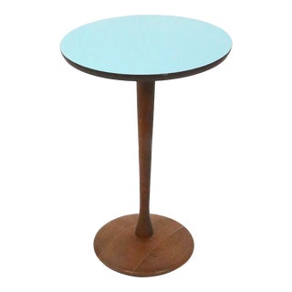Mid Century Pedestal Side End Table Walnut Base With Turquoise Formica Top C 1950/60's For Sale