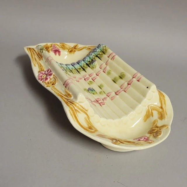 Circa 1900 French Majolica Asparagus Server With Hand-Painted Cradle & Floral Rim For Sale In Raleigh - Image 6 of 11