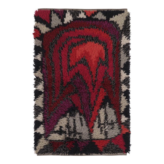 Vintage Swedish Rya Rug, Red and Gray Scandinavian Abstract Forms - Rug & Kilim For Sale