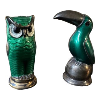 1950s Mid-Century Modern David Andersen Norwegian Sterling Silver & Enamel Owl&bird Salt and Pepper Shakers, Pair For Sale