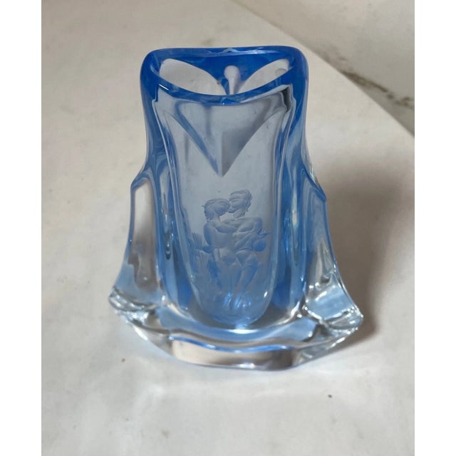 Antique Handmade Czech Bohemian Blue Art Glass Vase Engraved Nude Adam & Eve For Sale - Image 9 of 12