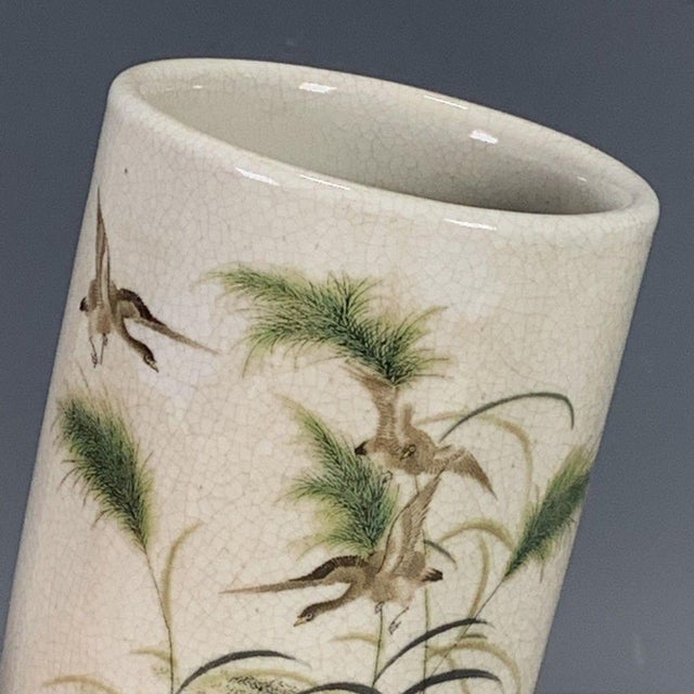 Chinese Crackle Glaze Porcelain Brush Pot With Bird & Floral Motif For Sale - Image 3 of 9