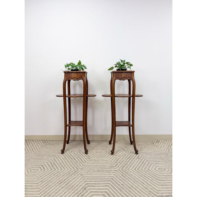 This charming pair of vintage French Provincial planter box stands are a elegant and versatile decorative find. The ornate...