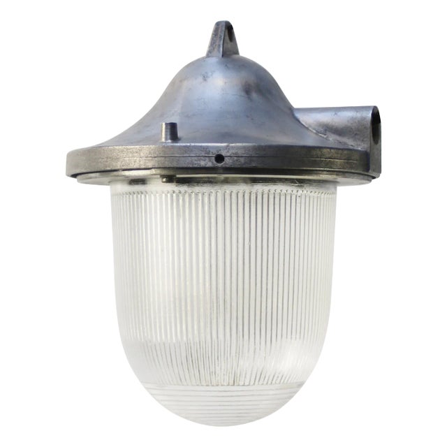 Vintage Industrial Silver Metal and Glass Pendant Lamp from Holophane For Sale