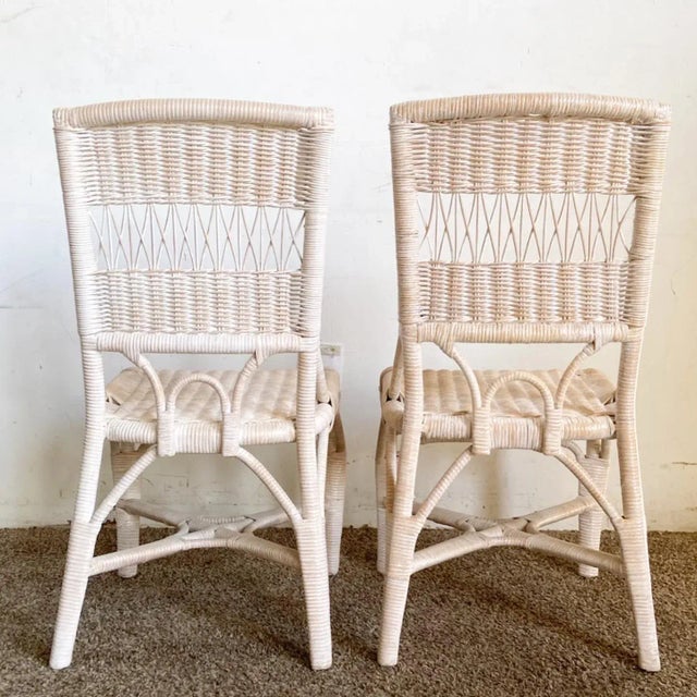 1980s Boho Chic White Washed Wicker Rattan Side Chairs - a Pair For Sale - Image 5 of 10