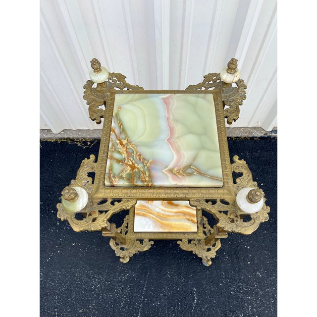 Metal Mid 20th Century Art Nouveau Two-Tier Onyx and Brass Planter Stand For Sale - Image 7 of 12