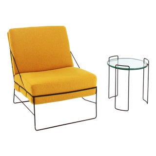Italian Yellow Bouclé Armchair and Side Table, Italy, 1970s, Set of 2 For Sale