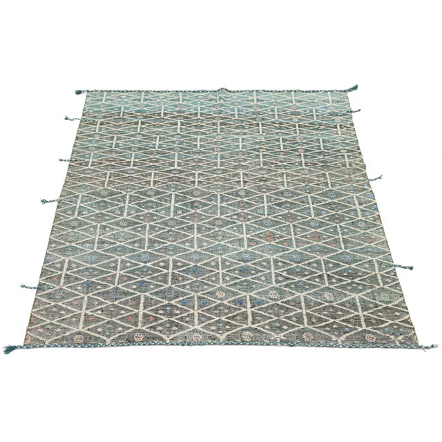 2010s Modern Moroccan Style Geometric Rug – Hand-Knotted Teal & Charcoal Wool 9x12 For Sale - Image 5 of 11