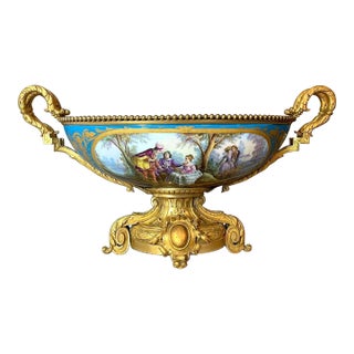 19th Century French Louis XVI Sevres Porcelain Jardiniere - Blue Garden Scene For Sale